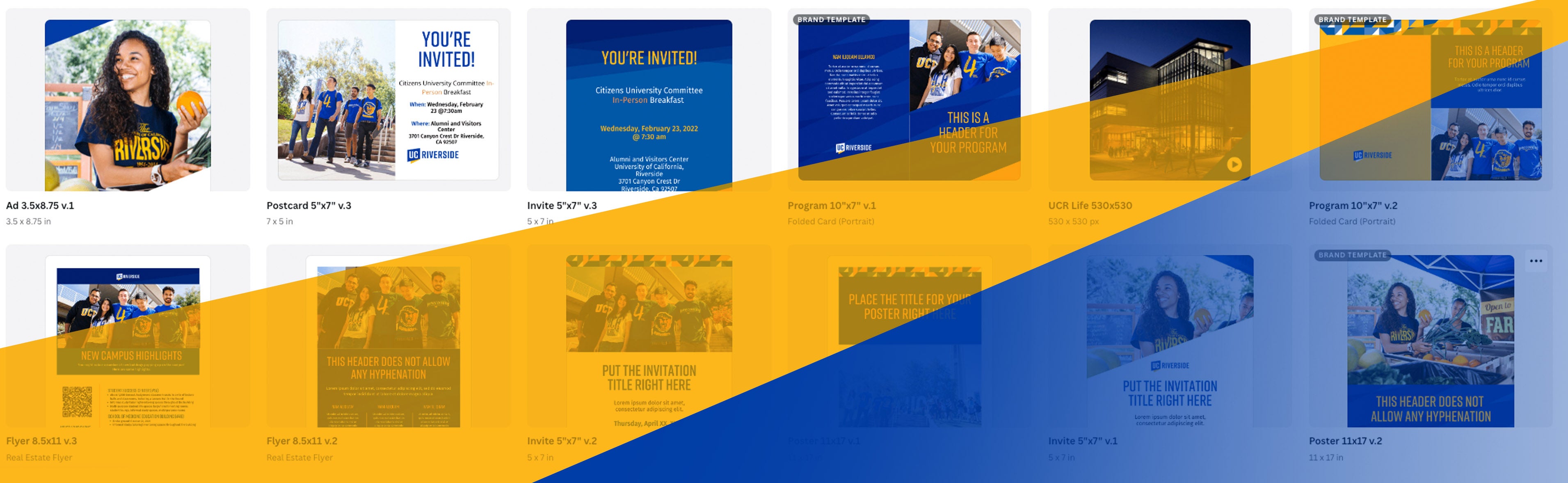Image of UC Riverside branded templates within Canva's interface