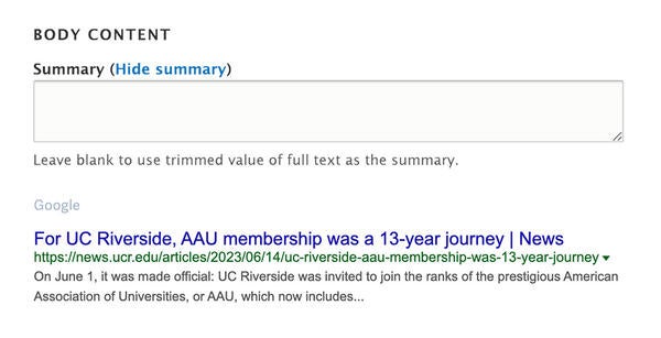 Preview of Summary/Description meta tag field and Google search results page