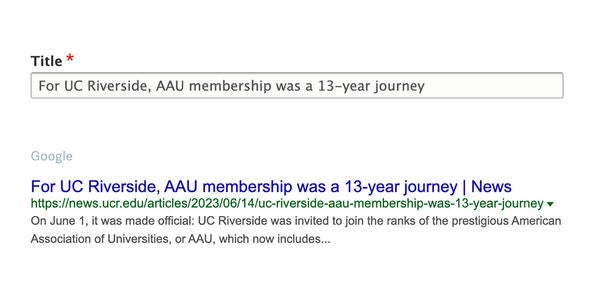 Preview of Title meta tag field and Google search results page